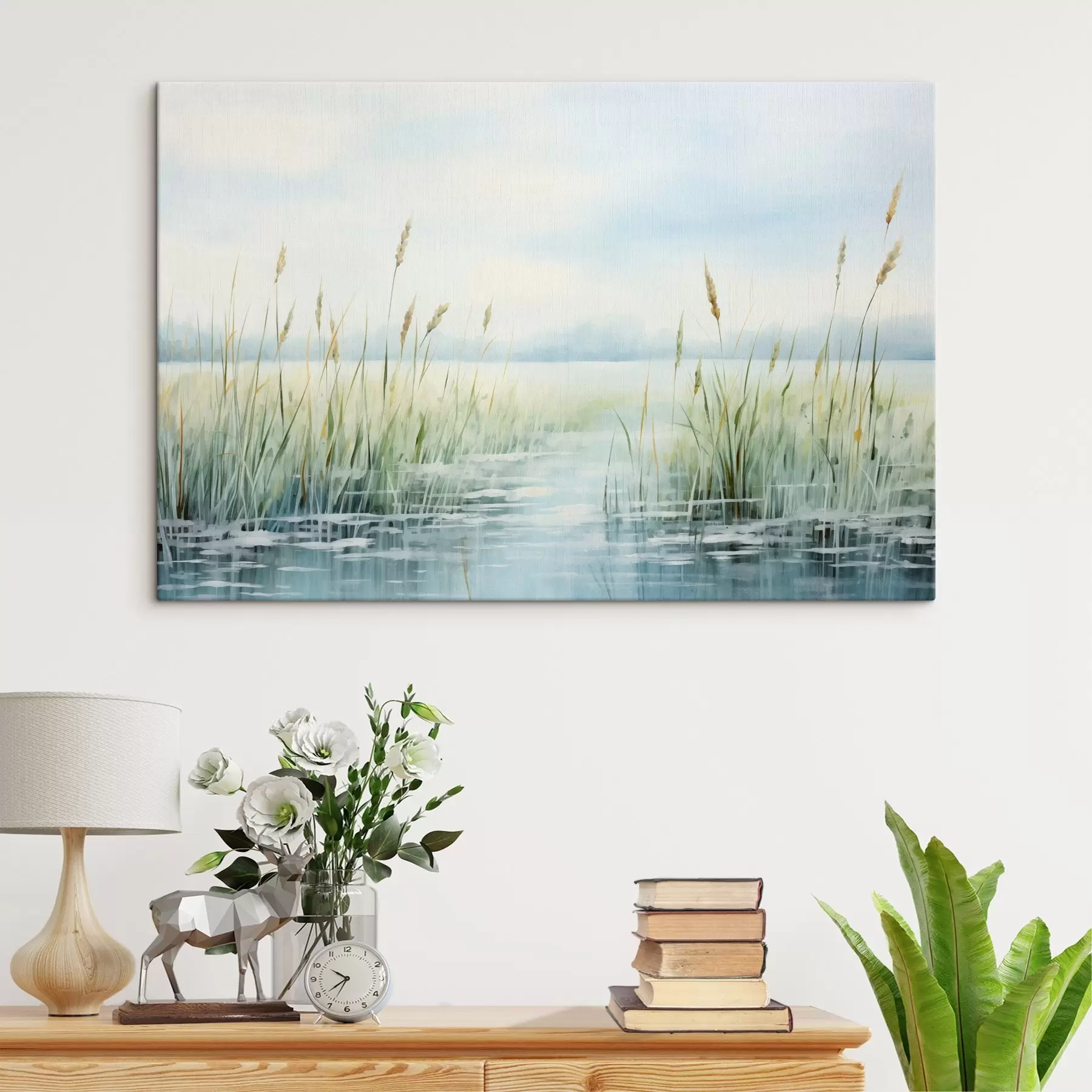 Obraz Akvarelová malba imitující vysokou trávu rostoucí u vody , zatažená obloha a rozmazané pozadí  Č. s44860