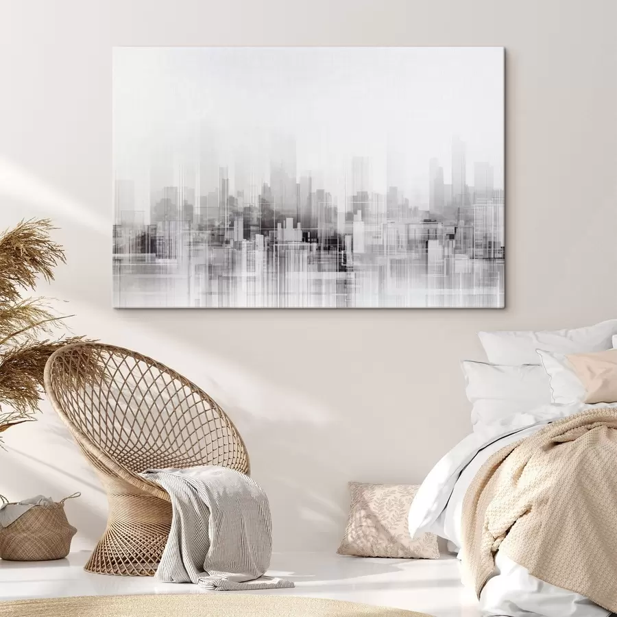 Obraz Texturovaná minimalistická městská krajina s vysokými budovami a mrakodrapy v siluetě na bílé obloze Č. s44863