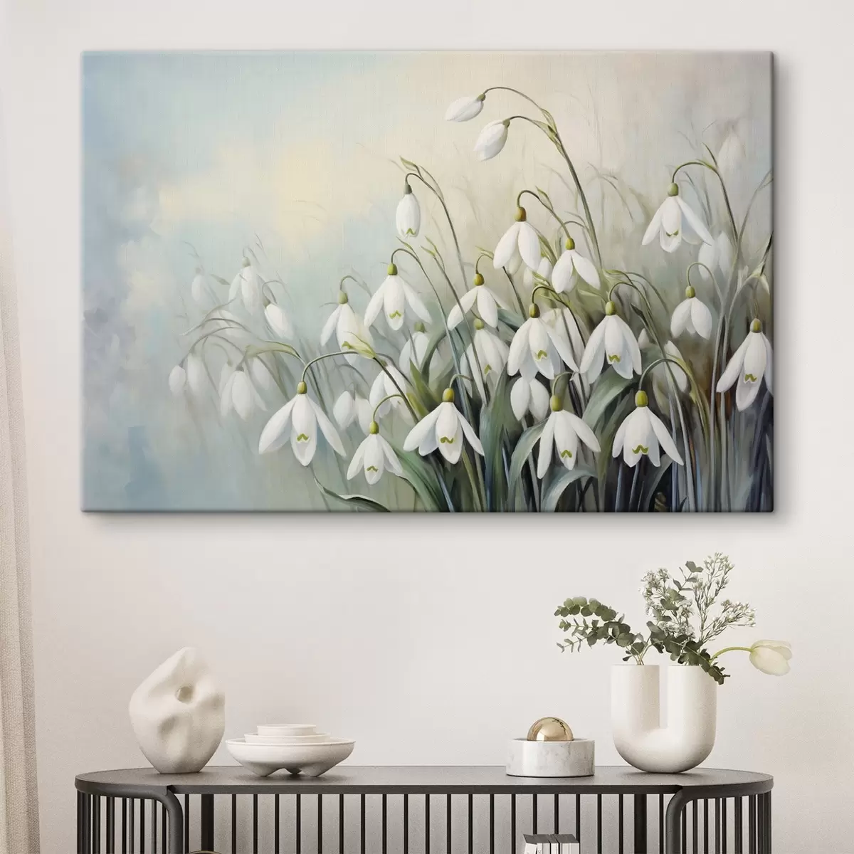 Obraz Bílé květy sněženek s modrými a zelenými stonky a listy, jemné tahy štětcem, rozmazané pozadí  Č. s44864