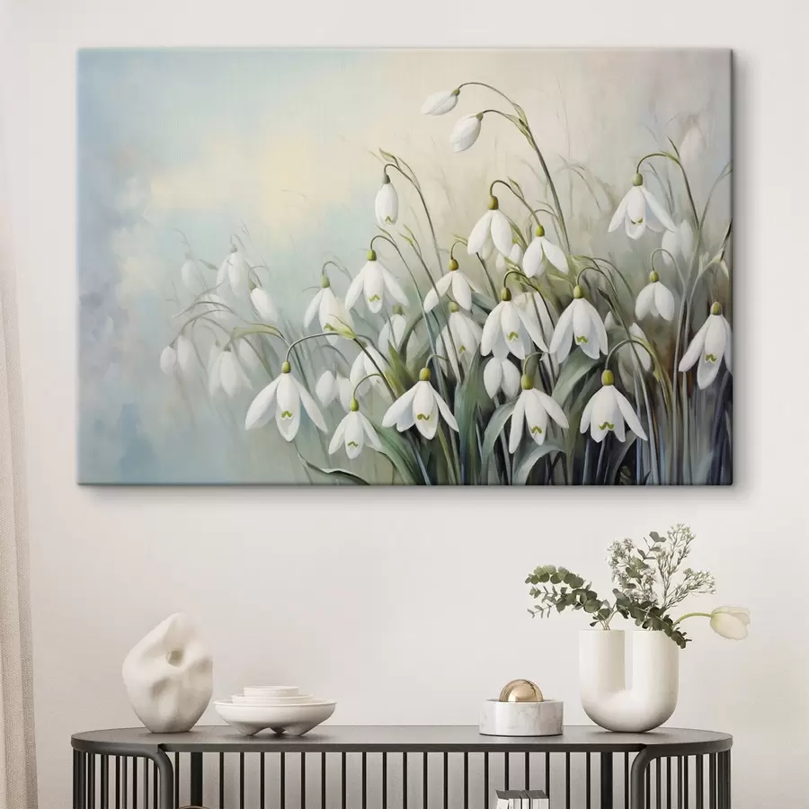 Obraz Bílé květy sněženek s modrými a zelenými stonky a listy, jemné tahy štětcem, rozmazané pozadí  Č. s44864