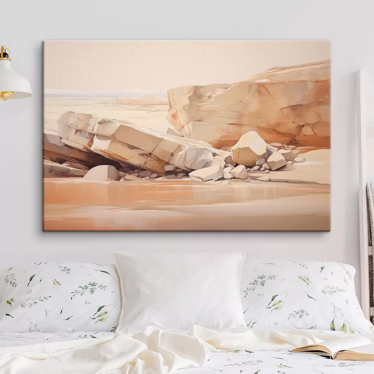 Obraz Minimalistická skalnatá plážová krajina s velkými světle hnědými balvany a průzračnou vodou Č. s44865