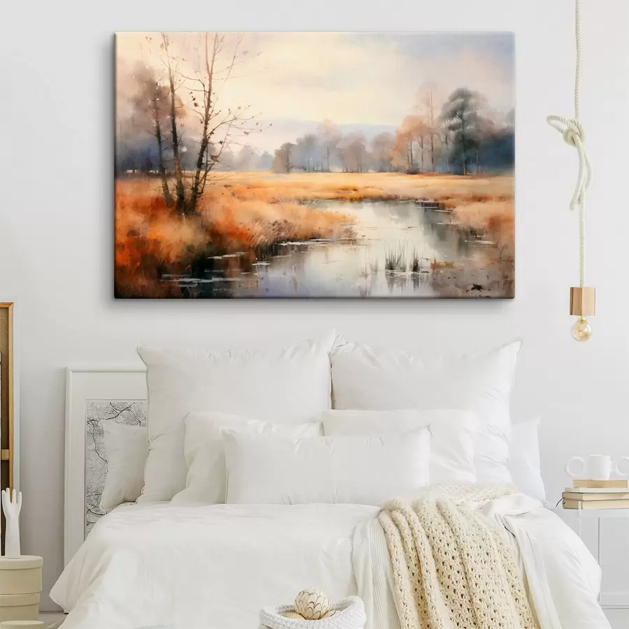 Obraz Klidná krajinomalba s texturou imitující rákosí a holé stromy, klidnou vodu pod oblohou Č. s44867