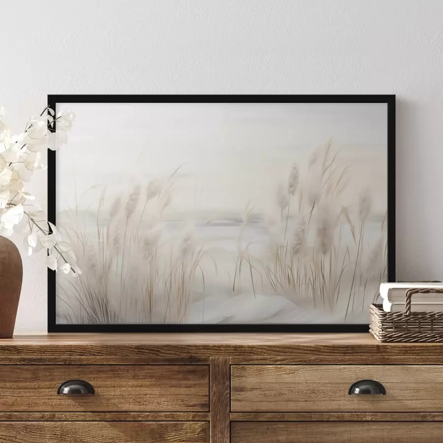 Fototapet Béžové rákosí v popředí s hlavičkami semen, měkké a jemné , rozmazané pozadí a světlá obloha f44851