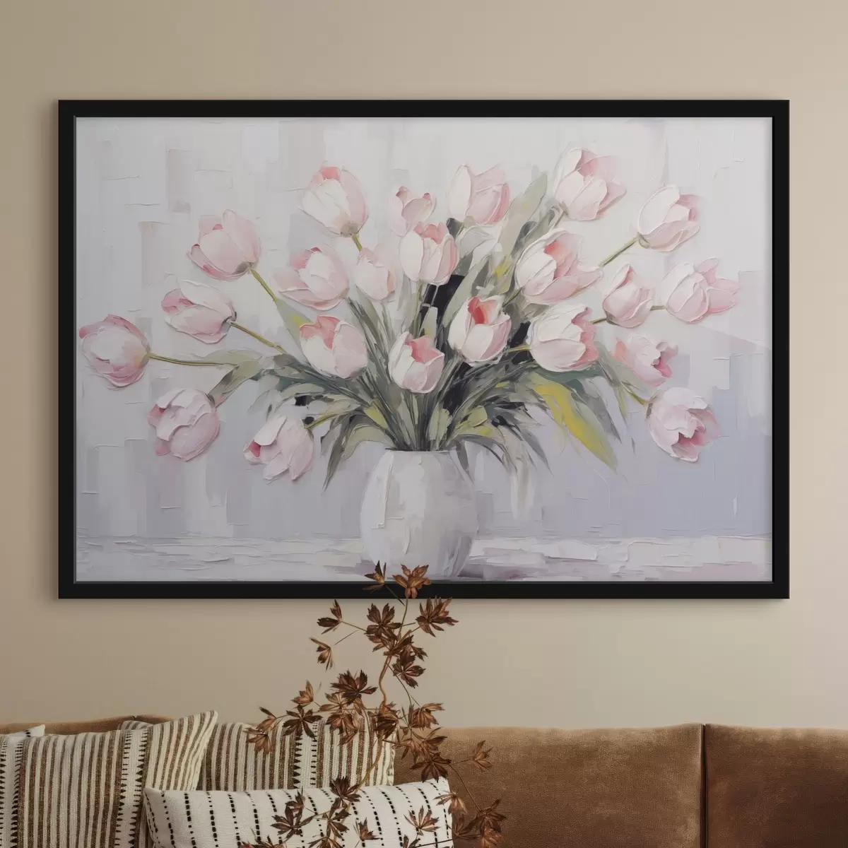 Poster Váza s růžovými tulipány, zelené listy, světle šedé pozadí , styl olejomalby, husté tahy štětcem f44852