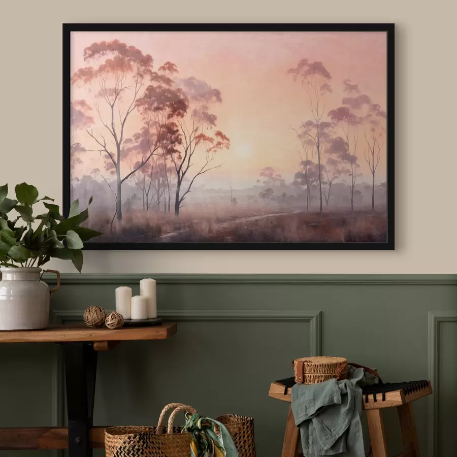 Fototapet Krajinomalba pole s vysokou trávou a stromy, slunce v pozadí f44854