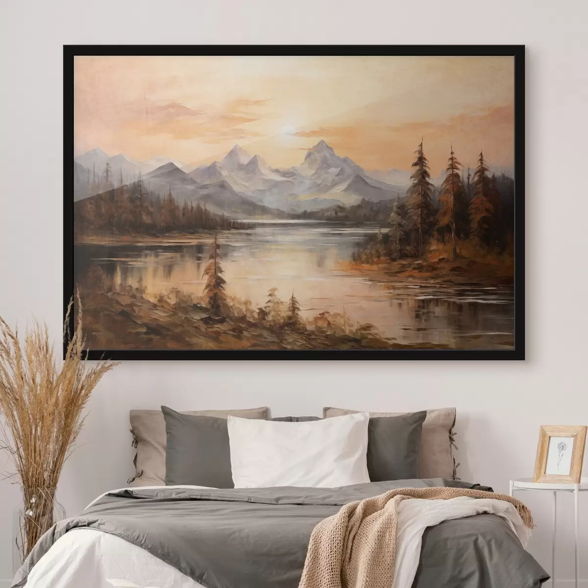 Poster Krajina s jezerem obklopeným stromy a horami v pozadí, oranžová obloha se sluncem f44857