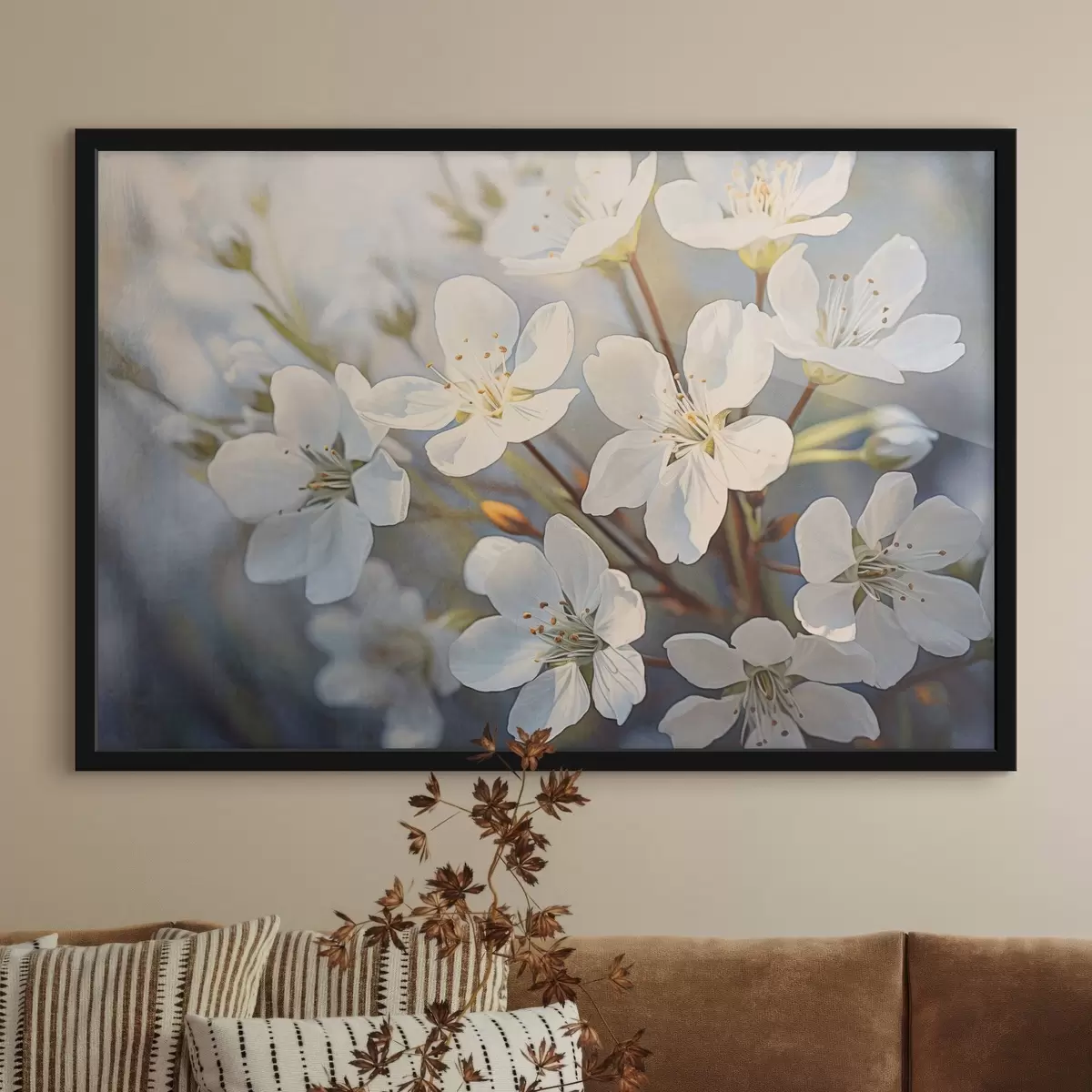 Poster Bílé třešňové květy s texturou ve stylu akvarelu, jemné okvětní lístky, jarní období f44859