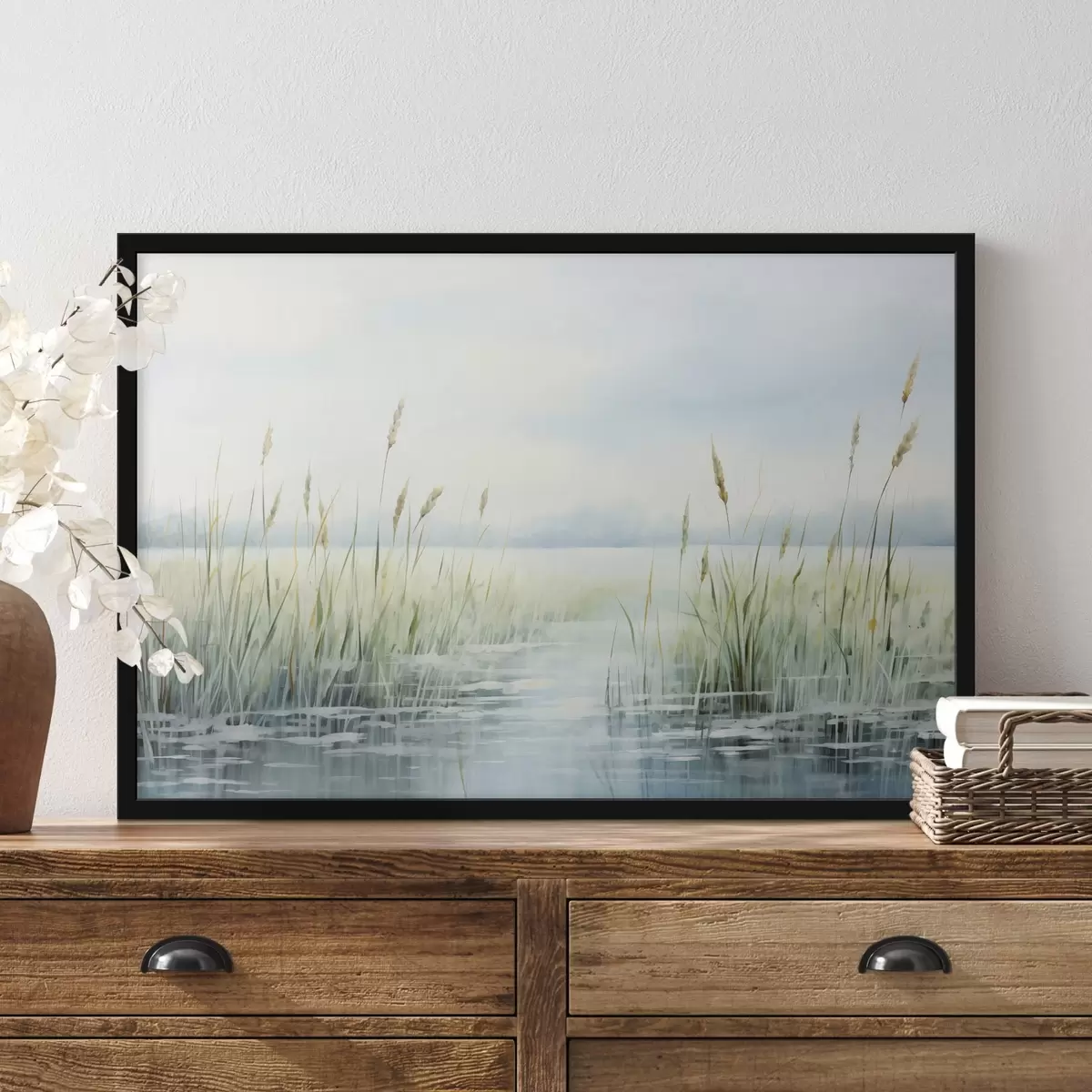 Poster Akvarelová malba imitující vysokou trávu rostoucí u vody , zatažená obloha a rozmazané pozadí f44860