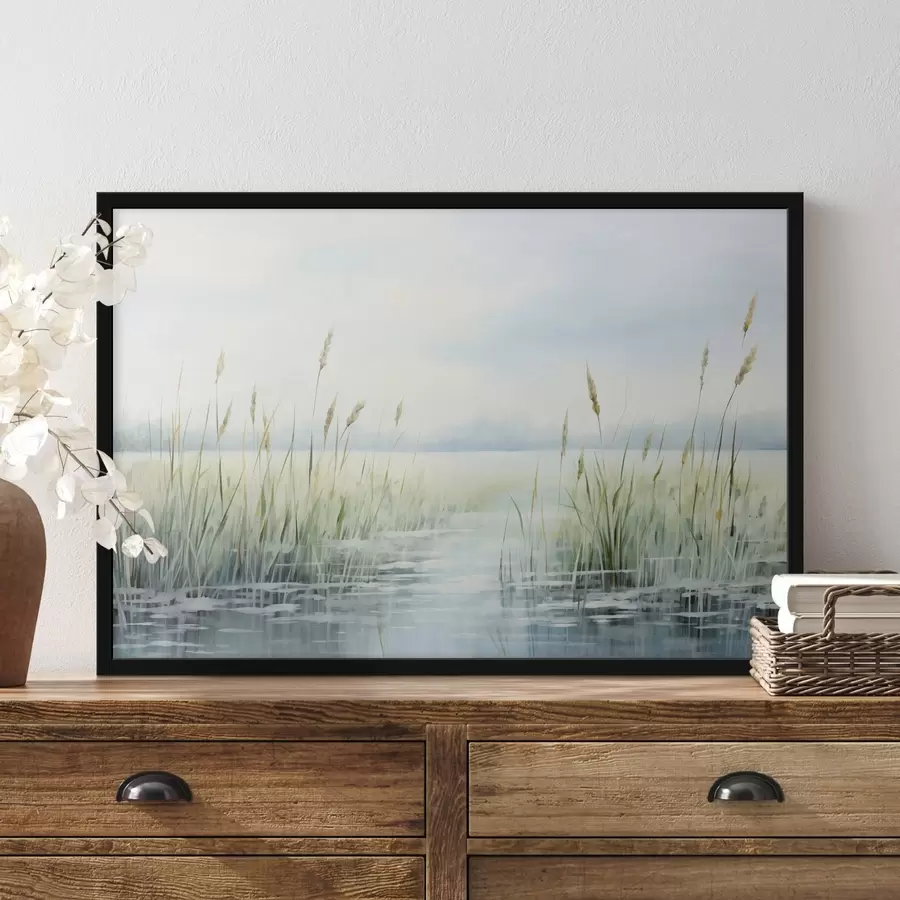 Fototapet Akvarelová malba imitující vysokou trávu rostoucí u vody , zatažená obloha a rozmazané pozadí f44860