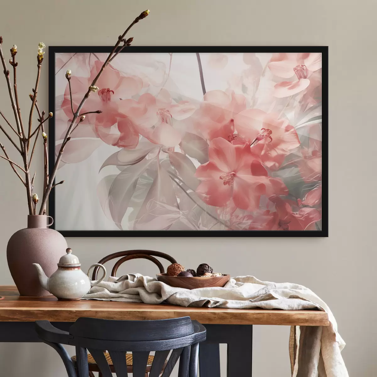 Poster Zářivě růžové tropické květy s jemnými, tlumenými zelenými listy vytvářejí zasněně jemné textury f44861