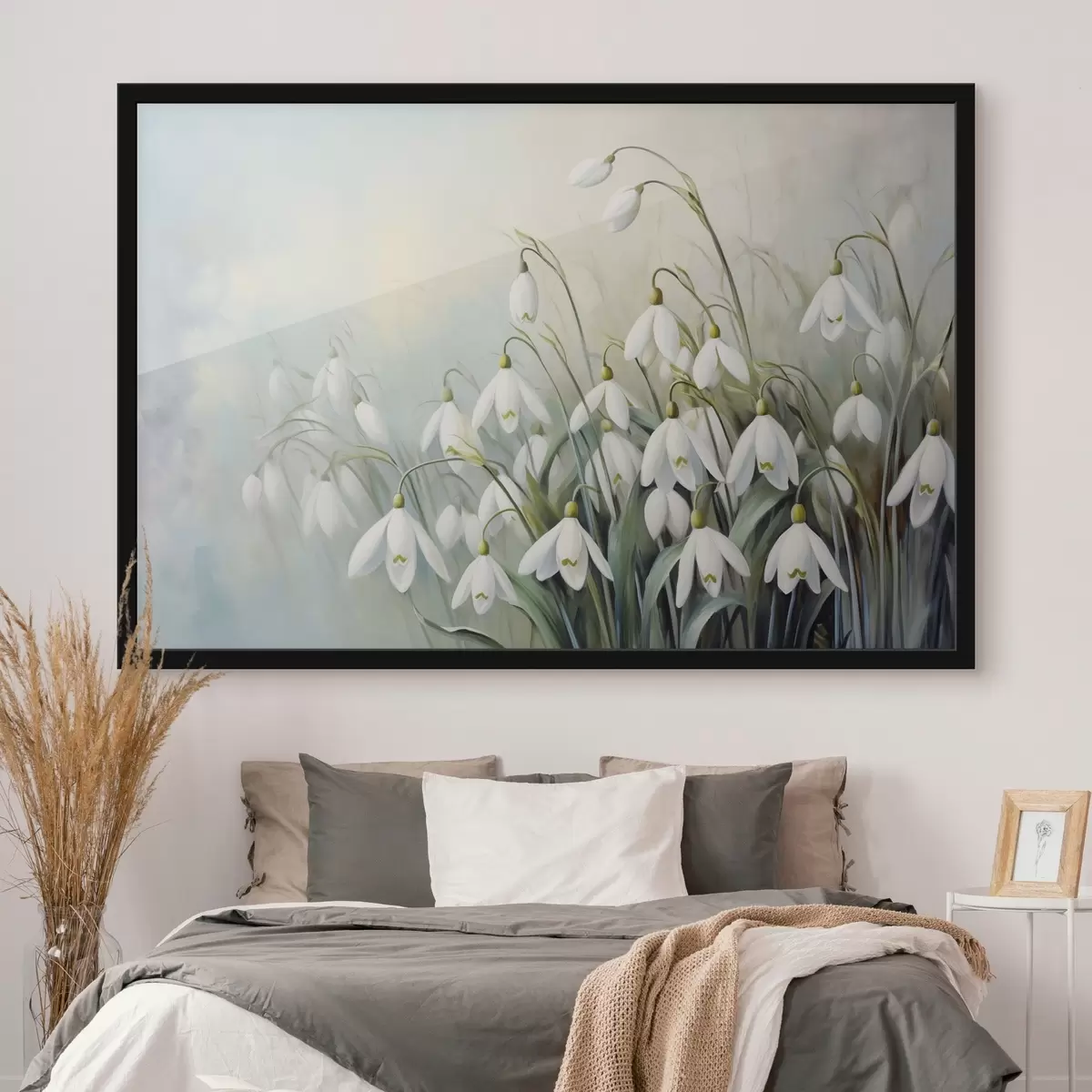 Poster Bílé květy sněženek s modrými a zelenými stonky a listy, jemné tahy štětcem, rozmazané pozadí f44864