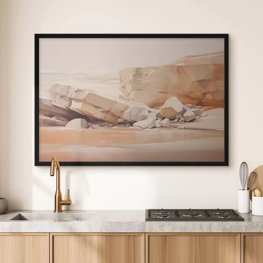 Obraz Minimalistická skalnatá plážová krajina s velkými světle hnědými balvany a průzračnou vodou Č. f44865