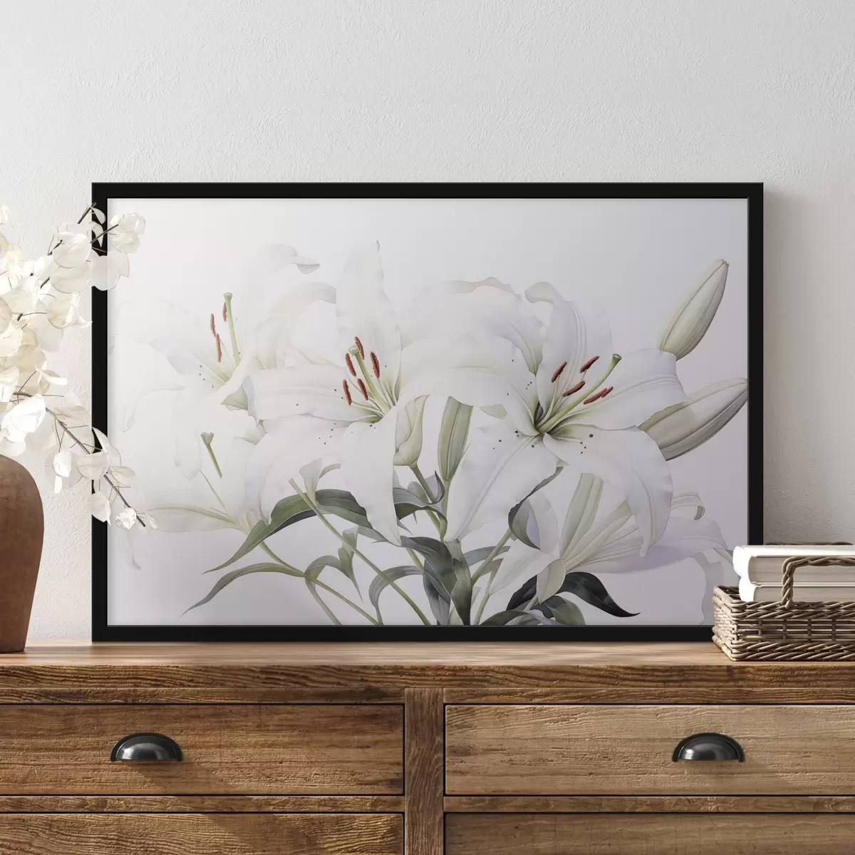 Poster Kytice bílých lilií se zelenými listy, jemnými okvětními lístky a jemným bílým pozadím f44868