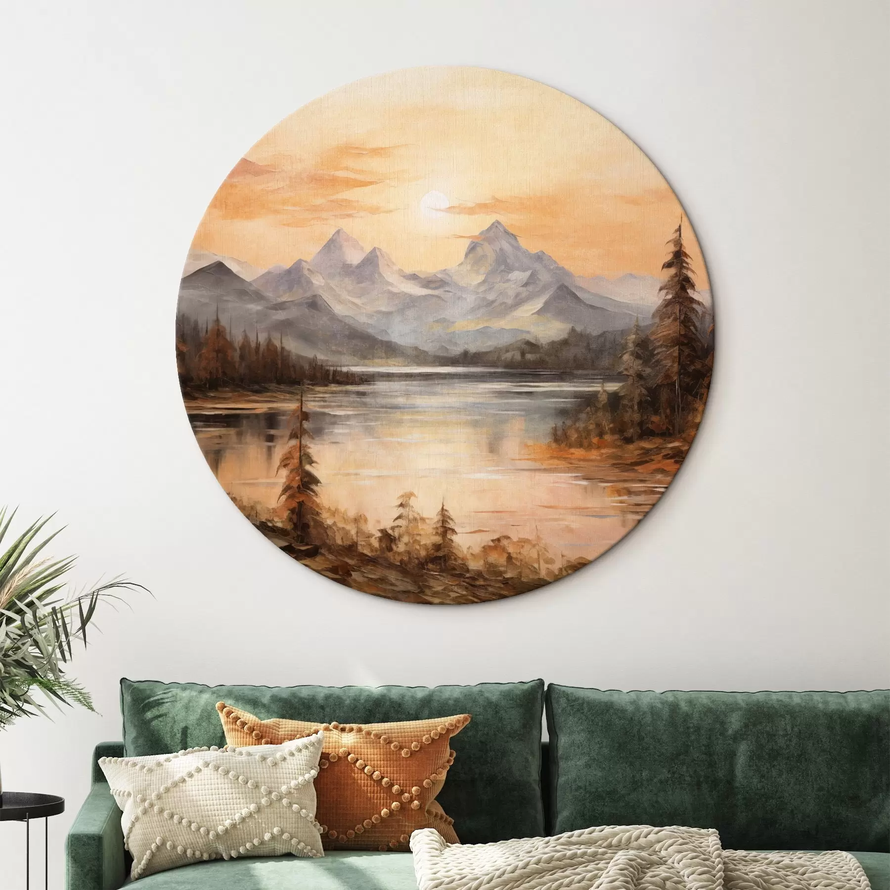 Obraz Krajina s jezerem obklopeným stromy a horami v pozadí, oranžová obloha se sluncem Č. r44857