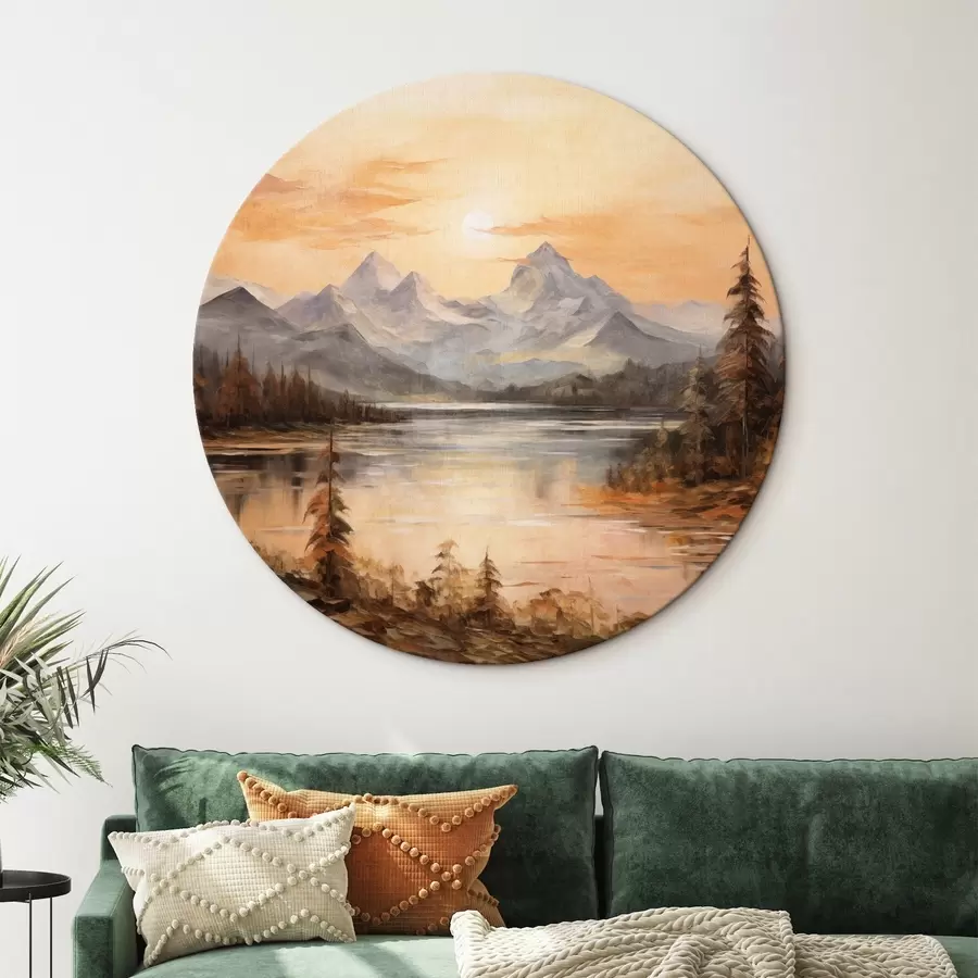 Obraz Krajina s jezerem obklopeným stromy a horami v pozadí, oranžová obloha se sluncem Č. r44857