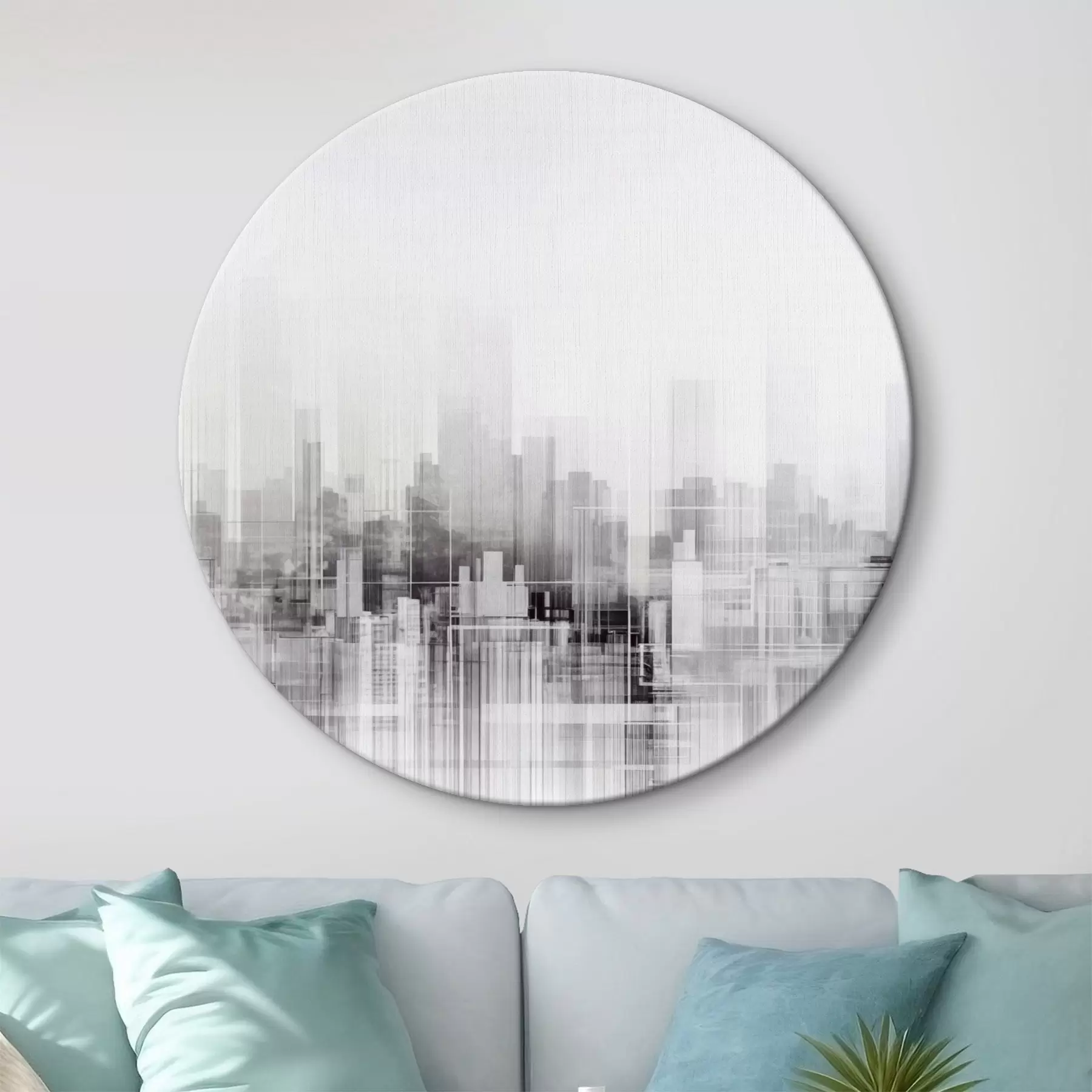 Obraz Texturovaná minimalistická městská krajina s vysokými budovami a mrakodrapy v siluetě na bílé obloze Č. r44863