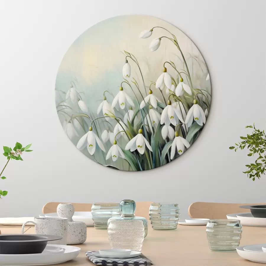 Obraz Bílé květy sněženek s modrými a zelenými stonky a listy, jemné tahy štětcem, rozmazané pozadí Č. r44864