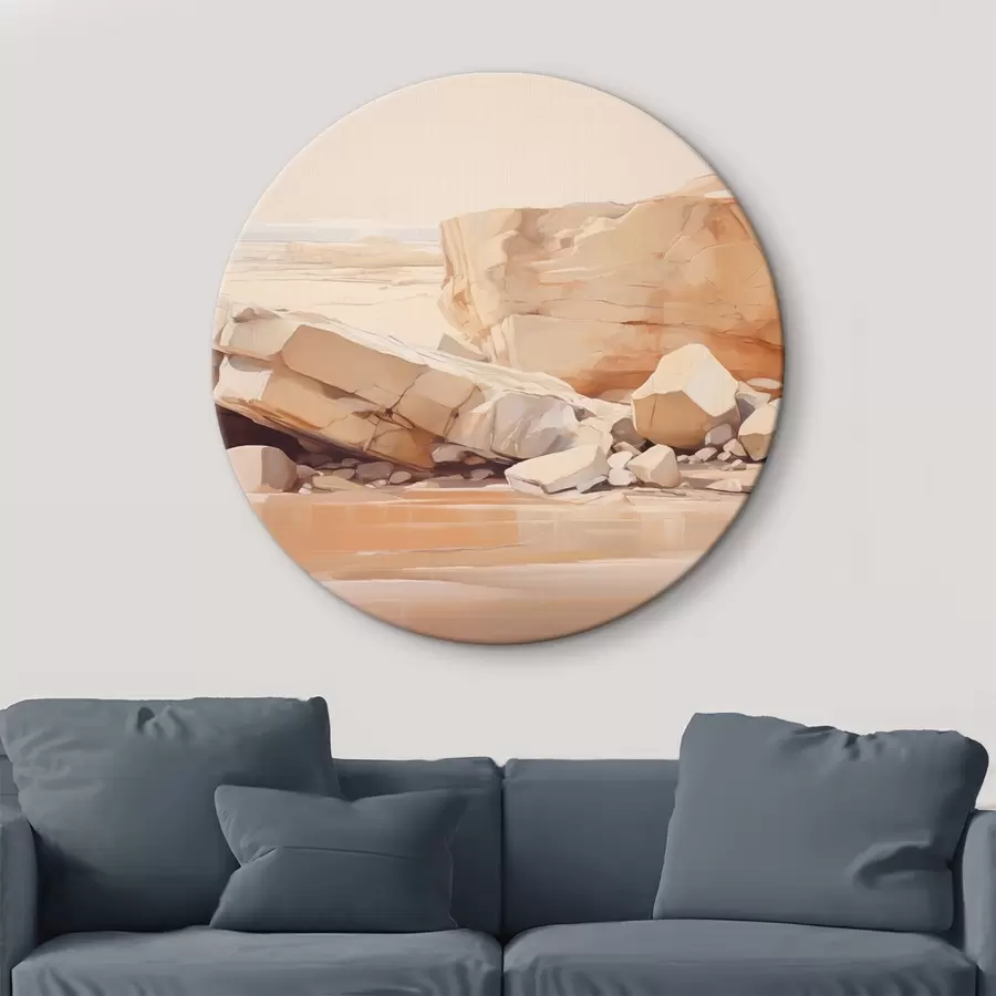 Obraz Minimalistická skalnatá plážová krajina s velkými světle hnědými balvany a průzračnou vodou Č. r44865