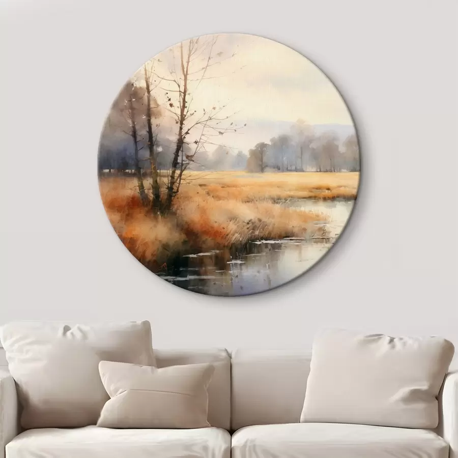 Obraz Klidná krajinomalba s texturou imitující rákosí a holé stromy, klidnou vodu pod oblohou Č. r44867