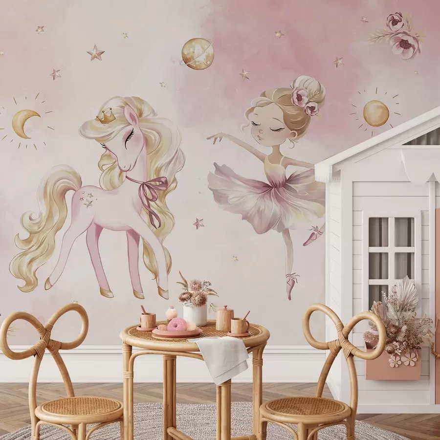 Fototapet Jednorožec a baletka v růžové pohádce, příběh pro děti w04196