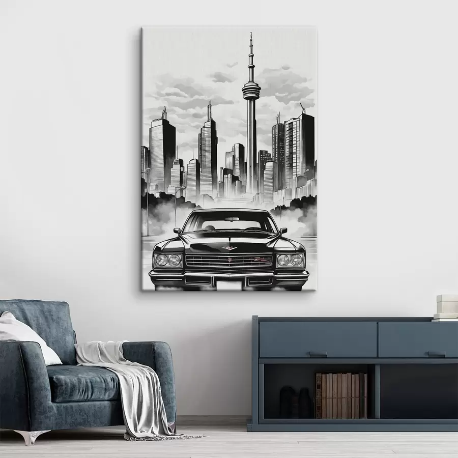 Obraz Retro auto na pozadí černobílého města s mrakodrapy Č. s44871