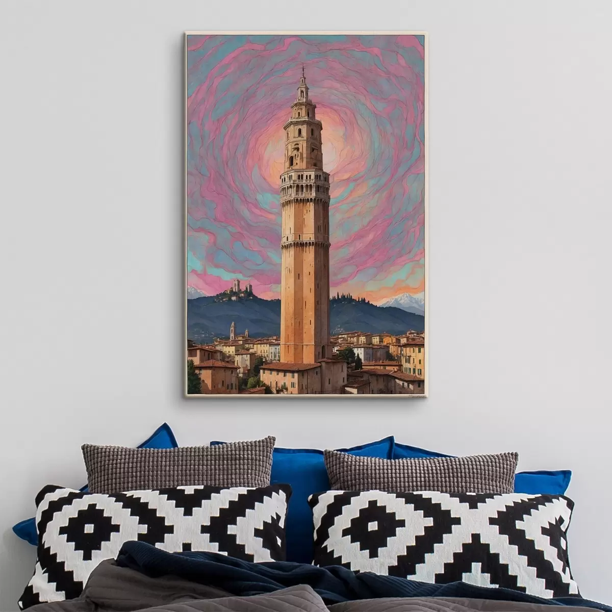 Obraz Fantasy věž na pozadí oblohy s růžovými a modrými spirálami Č. s44885