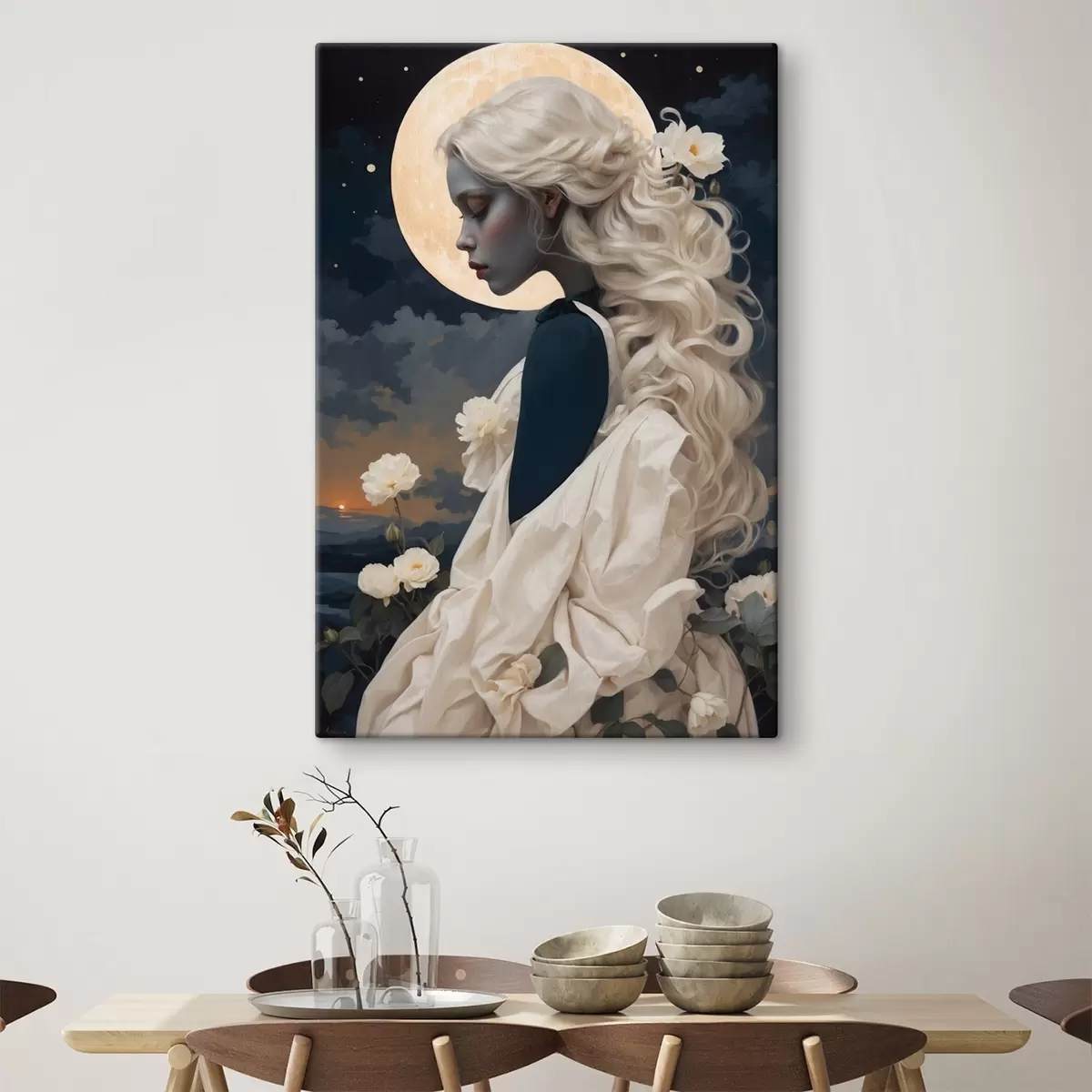 Obraz Portrét dívky s bílými vlasy a měsícem v úplňku Č. s44887