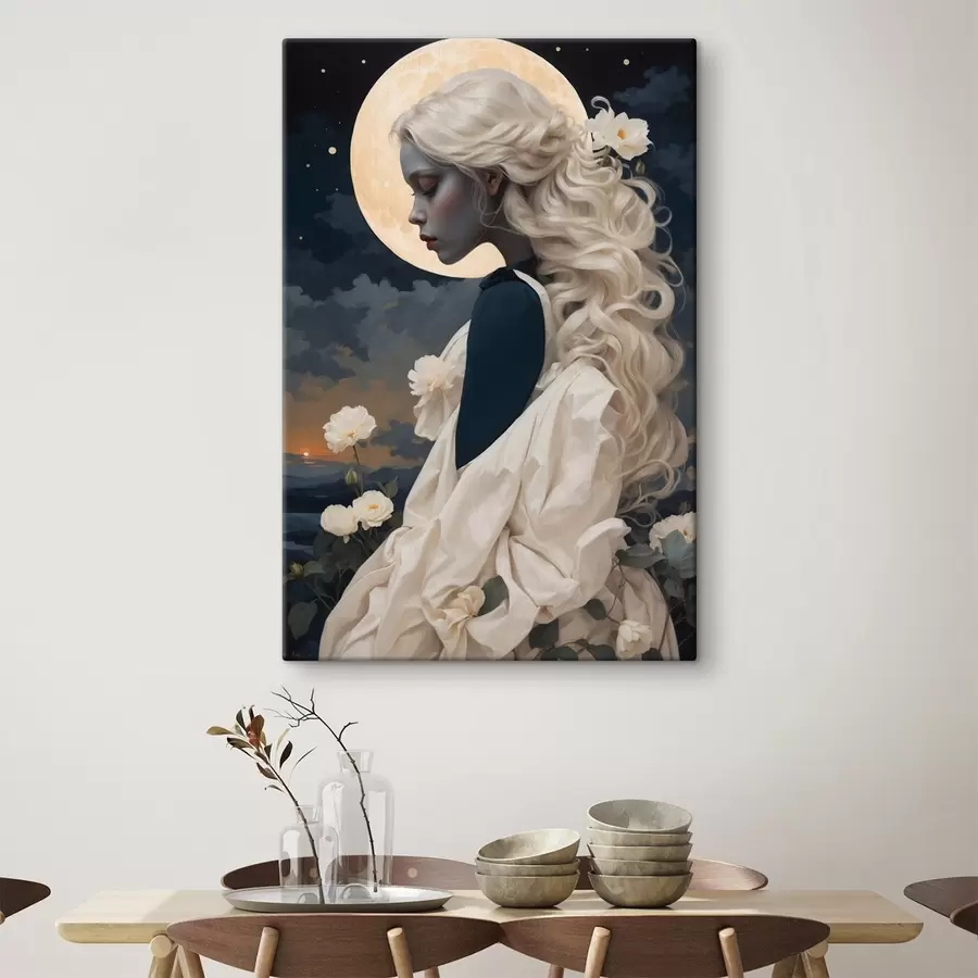 Obraz Portrét dívky s bílými vlasy a měsícem v úplňku Č. s44887