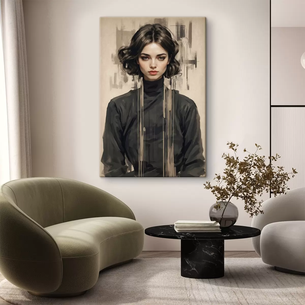 Obraz Portrét ženy s krátkými tmavými vlasy na abstraktním pozadí Č. s44890