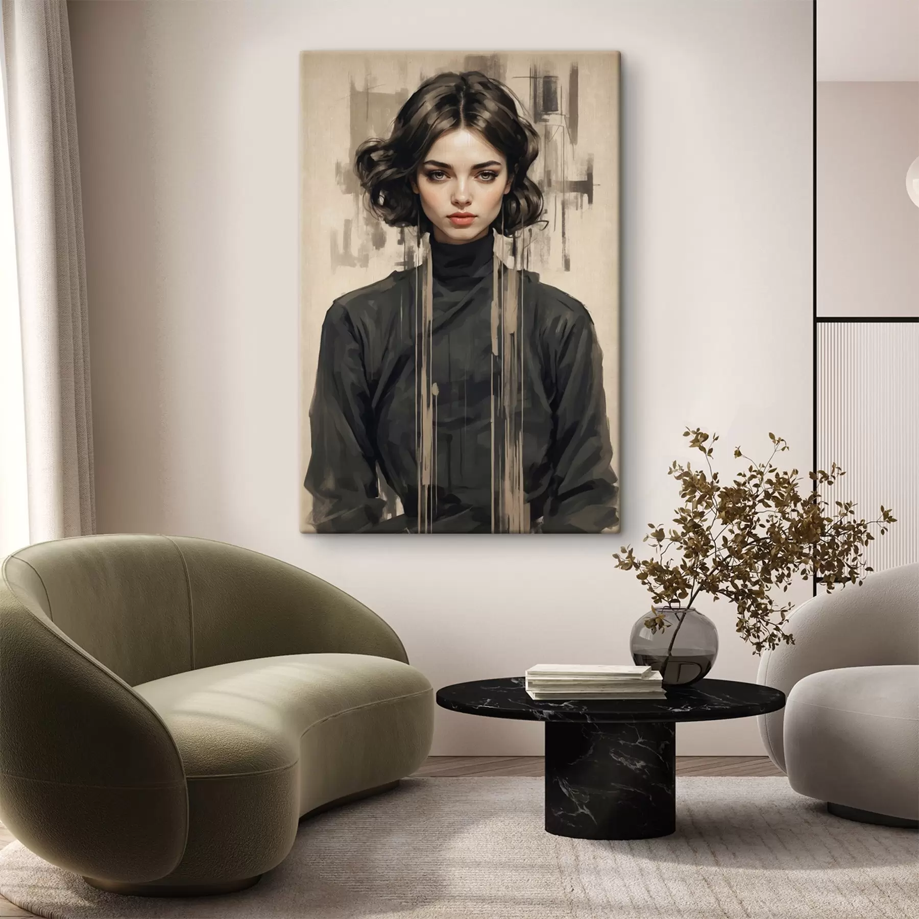 Obraz Portrét ženy s krátkými tmavými vlasy na abstraktním pozadí Č. s44890