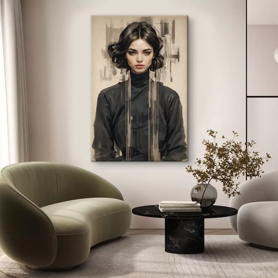 Obraz Portrét ženy s krátkými tmavými vlasy na abstraktním pozadí Č. s44890