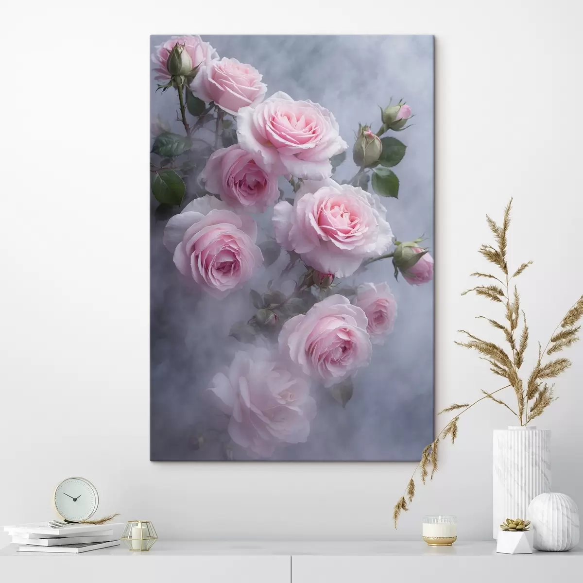 Obraz Jemně růžové růže v mlze se zelenými listy Č. s44892