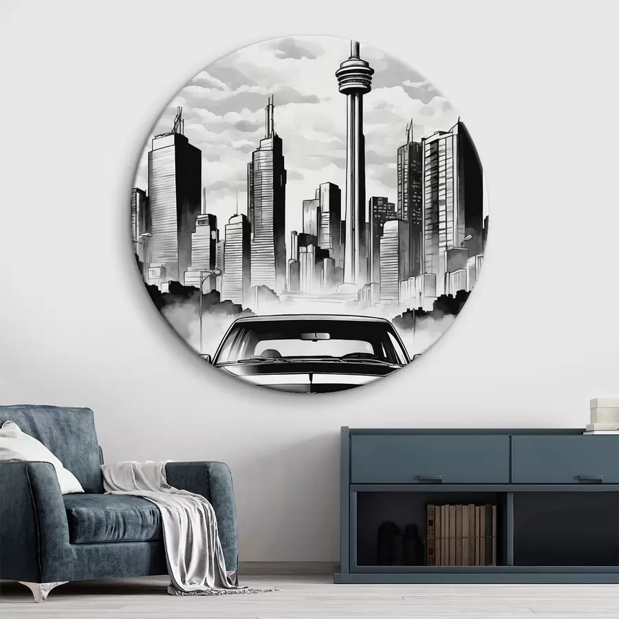 Obraz Retro auto na pozadí černobílého města s mrakodrapy Č. r44871