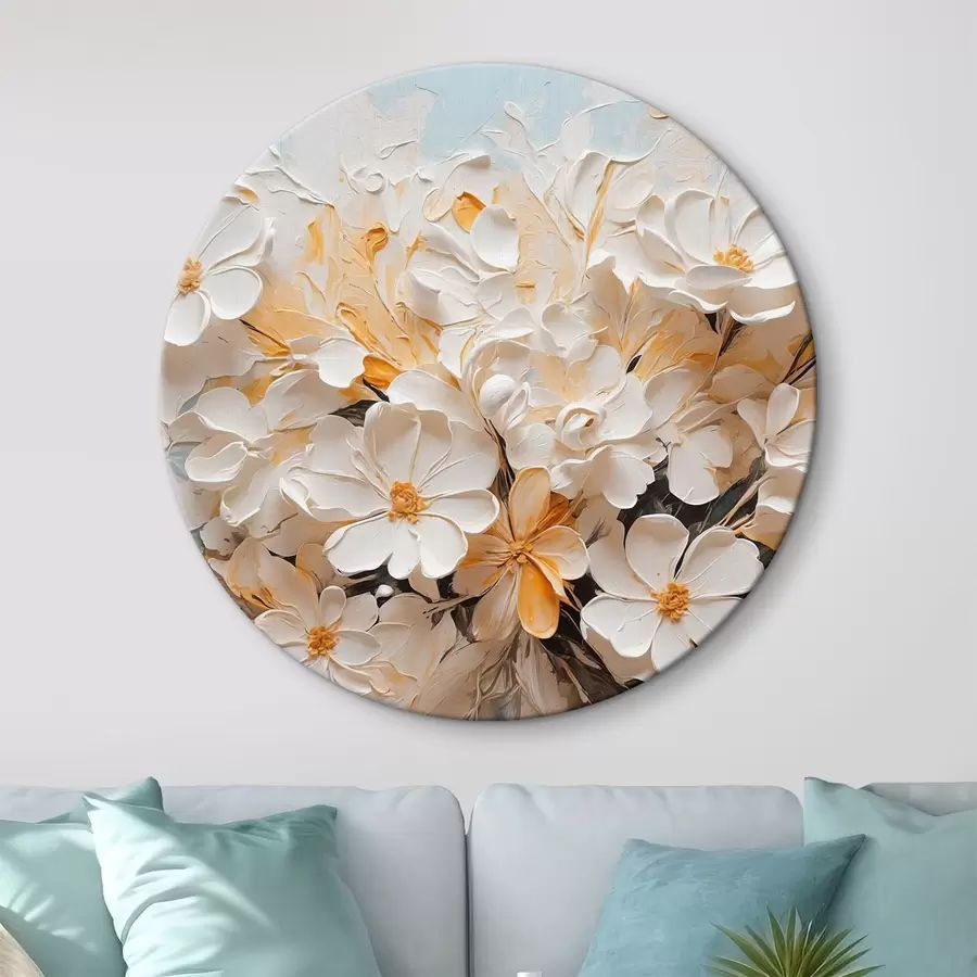 Obraz Bílé a broskvové květy na modrém pozadí s pastelovými barvami Č. r44879