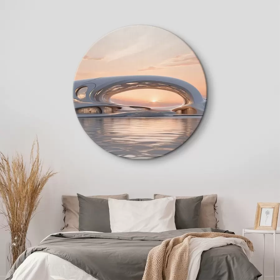 Obraz Futuristická budova na vodě na pozadí růžového západu slunce Č. r44884