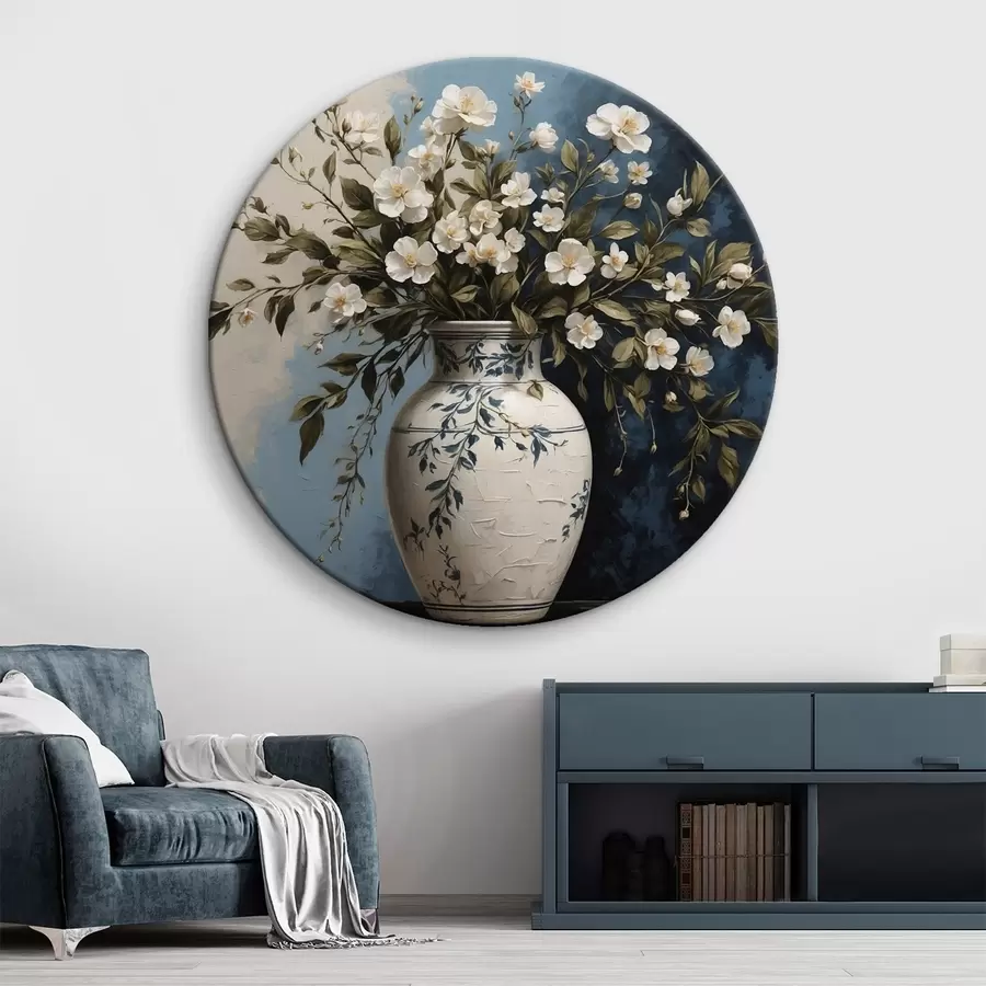 Obraz Bílé a žluté květy ve velké váze na modrém pozadí Č. r44893