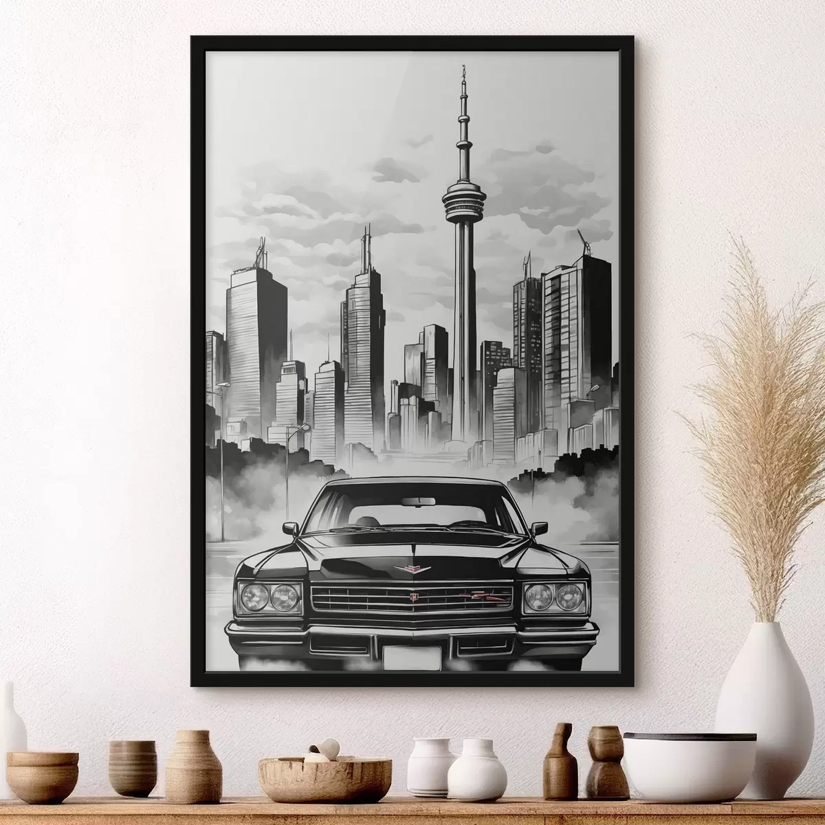 Poster Retro auto na pozadí černobílého města s mrakodrapy f44871