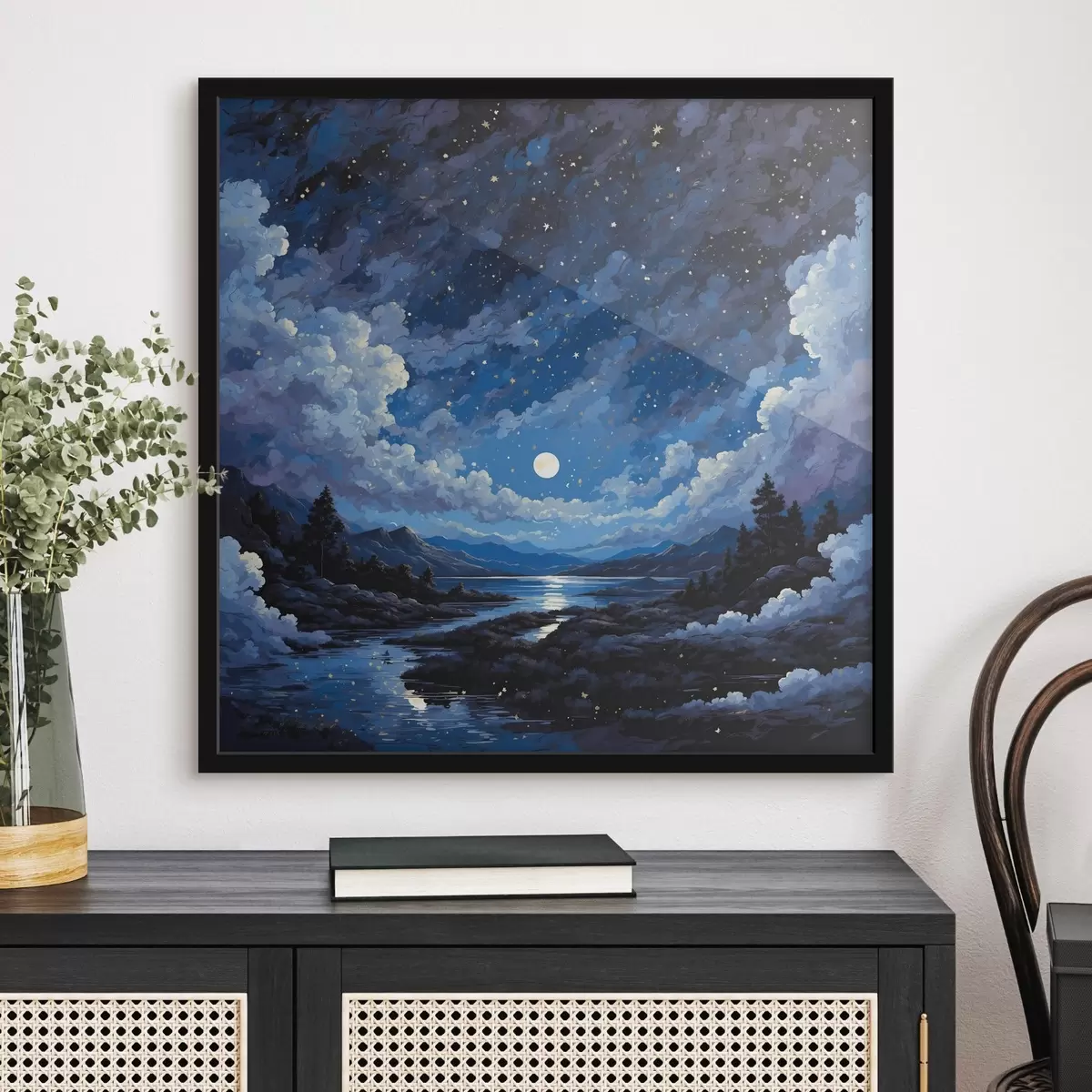 Poster Noční obloha s měsícem a hvězdami nad horskou krajinou f44872