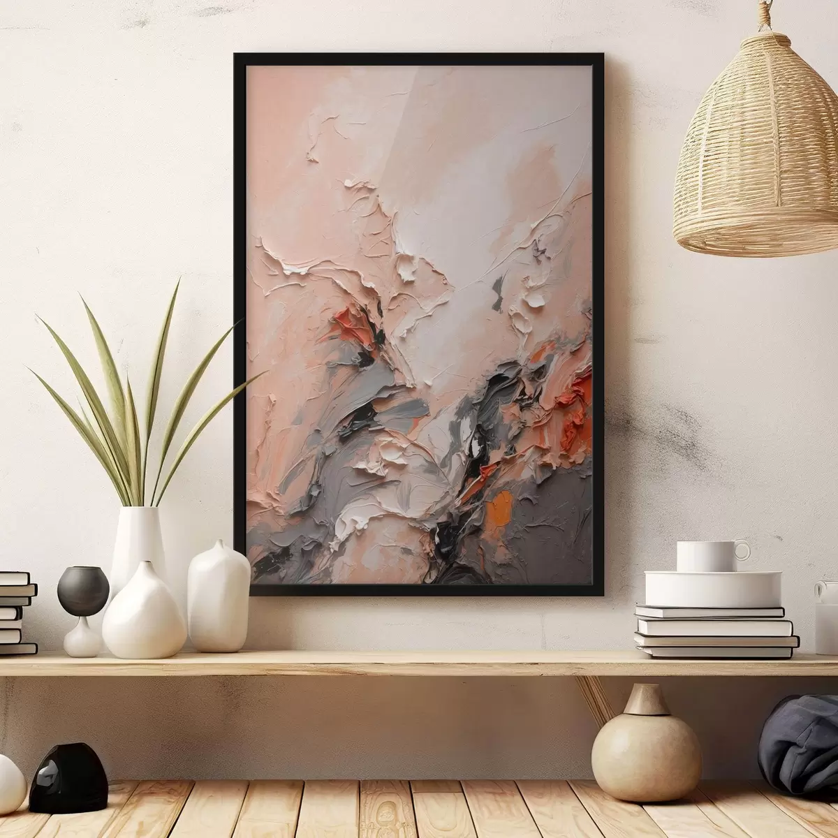 Poster Abstrakt v broskvově šedých tónech s texturovanými tahy f44873