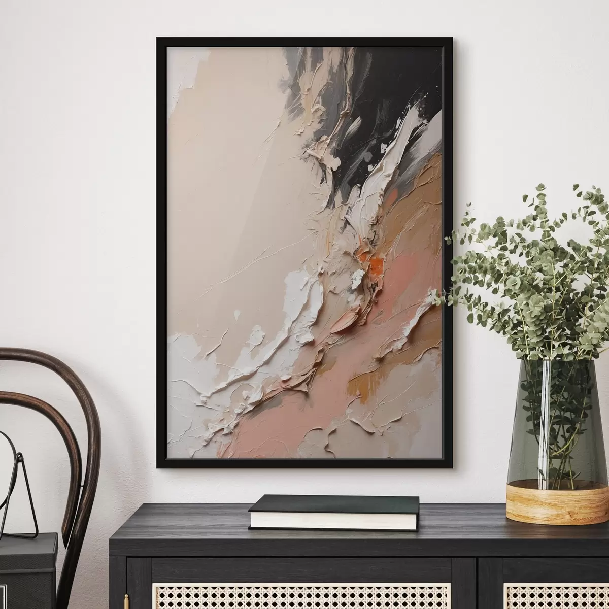 Poster Béžová a černá abstrakce s růžovými a bílými akcenty f44875