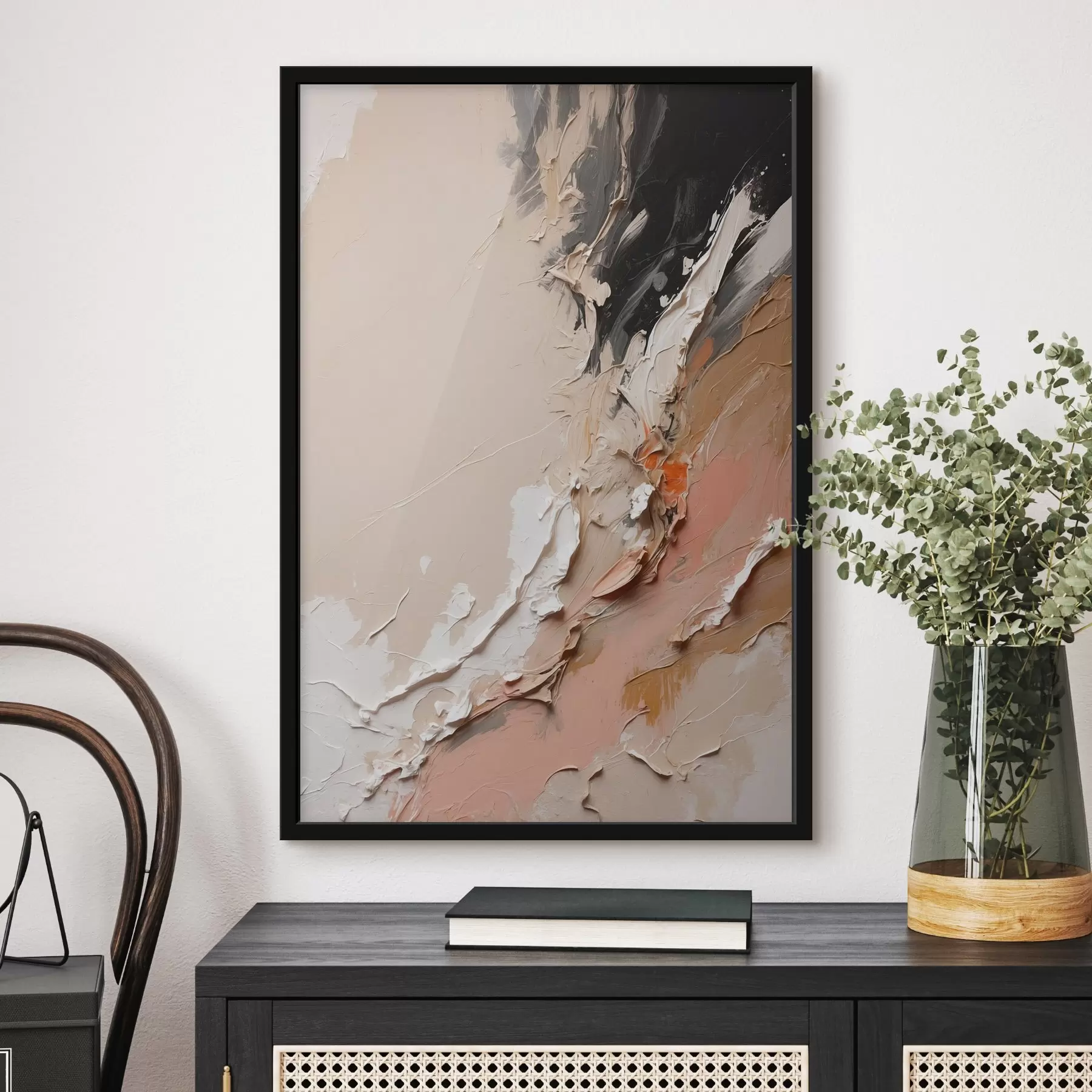 Obraz Béžová a černá abstrakce s růžovými a bílými akcenty Č. f44875
