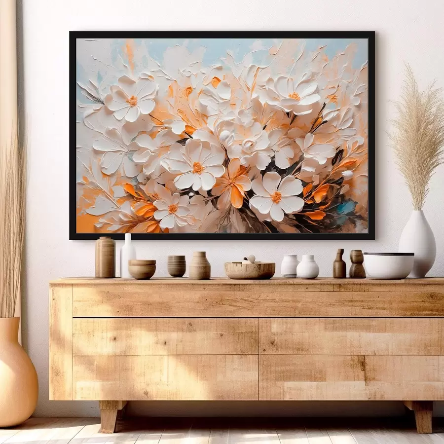 Fototapet Bílé a broskvové květy na modrém pozadí s pastelovými barvami f44879