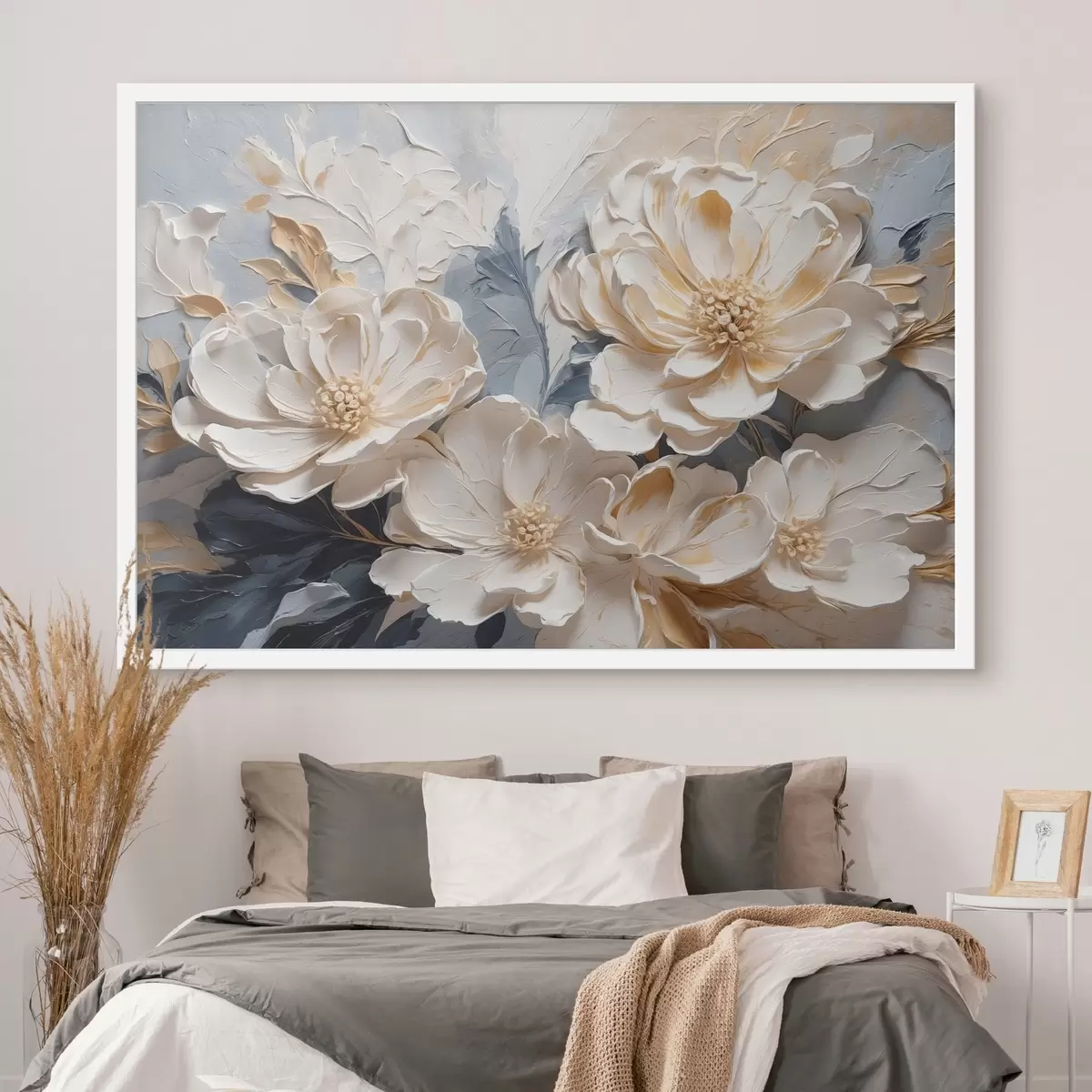 Poster Objemné krémové pivoňky na světle modrém pozadí f44880