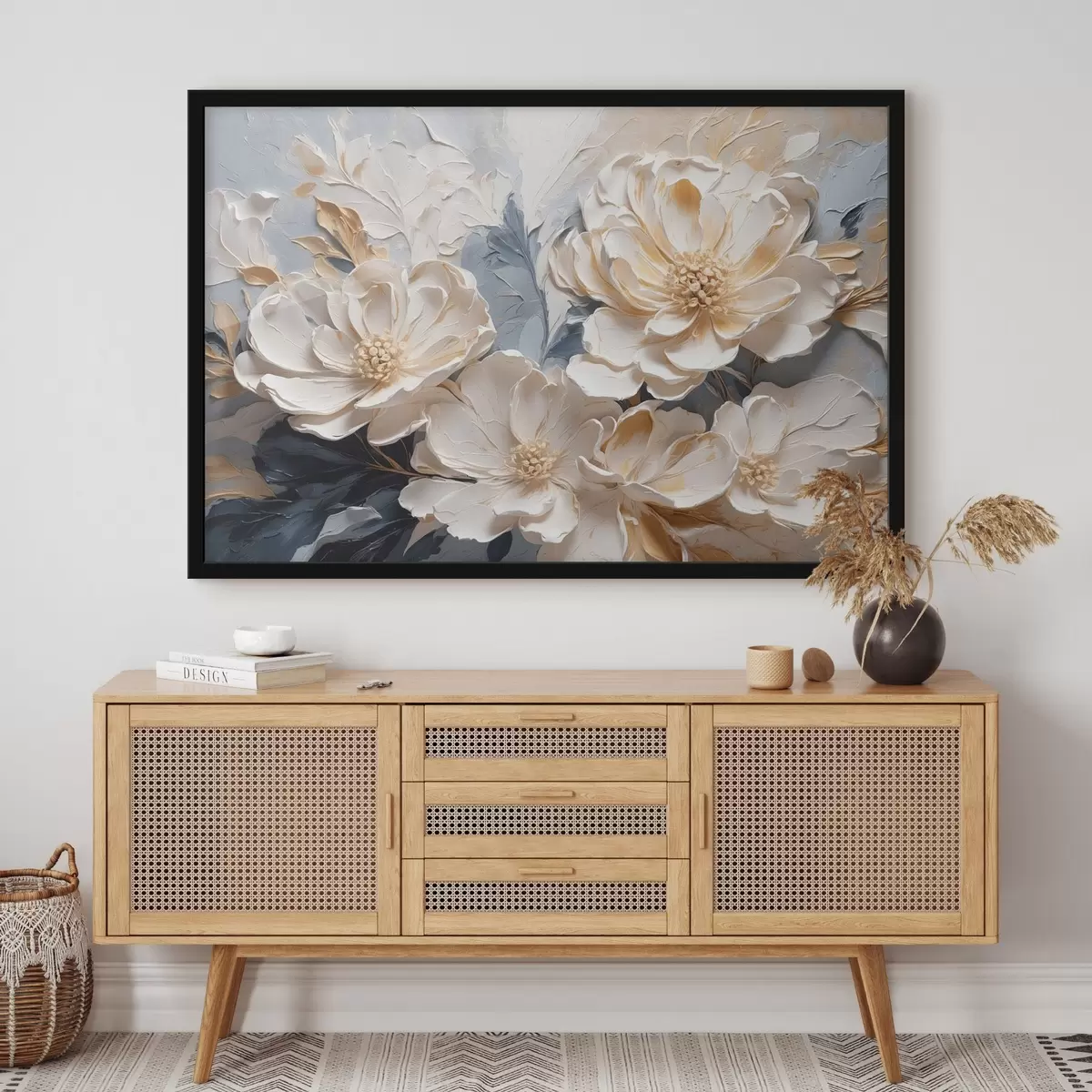 Poster Objemné krémové pivoňky na světle modrém pozadí f44880