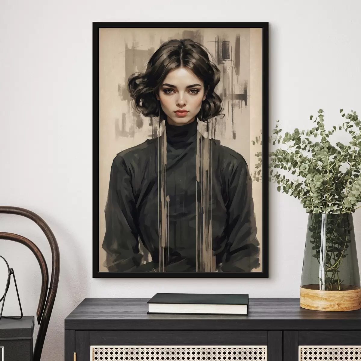 Poster Portrét ženy s krátkými tmavými vlasy na abstraktním pozadí f44890