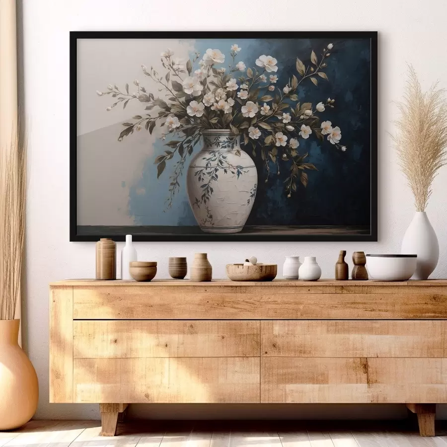 Fototapet Bílé a žluté květy ve velké váze na modrém pozadí f44893