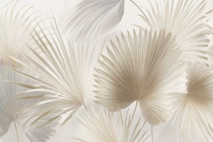 Fototapet Měkké vějíře z tropických listů ve světle béžových a namodralých tónech w09084