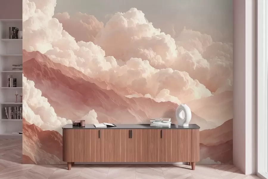 Fototapet Teplý východ slunce nad horami s nadýchanými mraky w09226