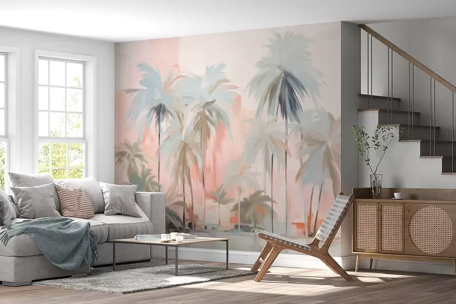 Fototapet Abstraktní minimalistické pastelové tropické palmy na pozadí jemných růžových a broskvových odstínů w09212