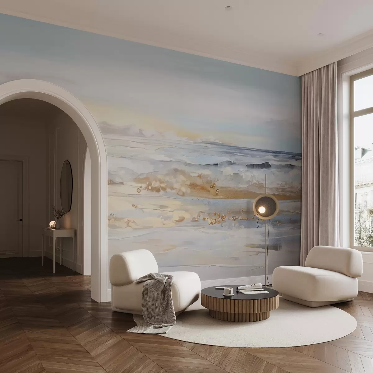 Fototapet Abstraktní texturovaná krajina oceánské vlny narážející na písečnou pláž, jemné pastelové barvy, modrá obloha s lehkými mraky w09234